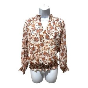 CeCe Floral Print Smocked Hem Long Sleeve Blouse Size S